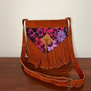 Pink and Orange Crossbody Bag with Floral Flap and Fringes